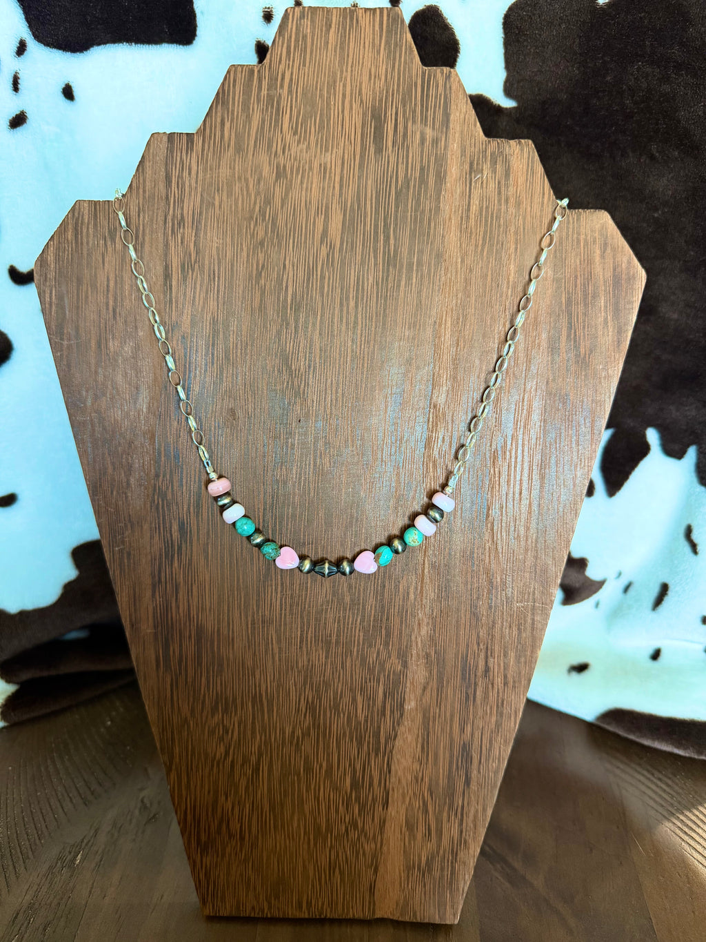 Pink Hearts with Turquoise Sterling Silver Chain Necklace