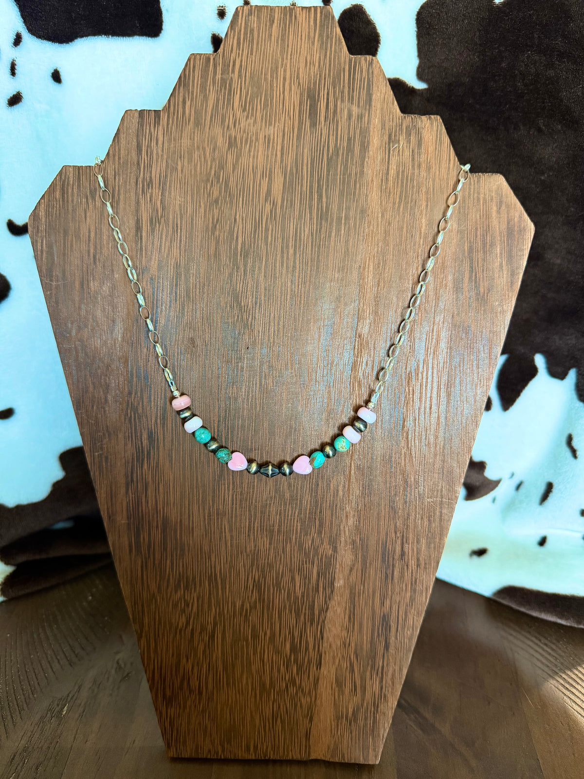 Pink Hearts with Turquoise Sterling Silver Chain Necklace