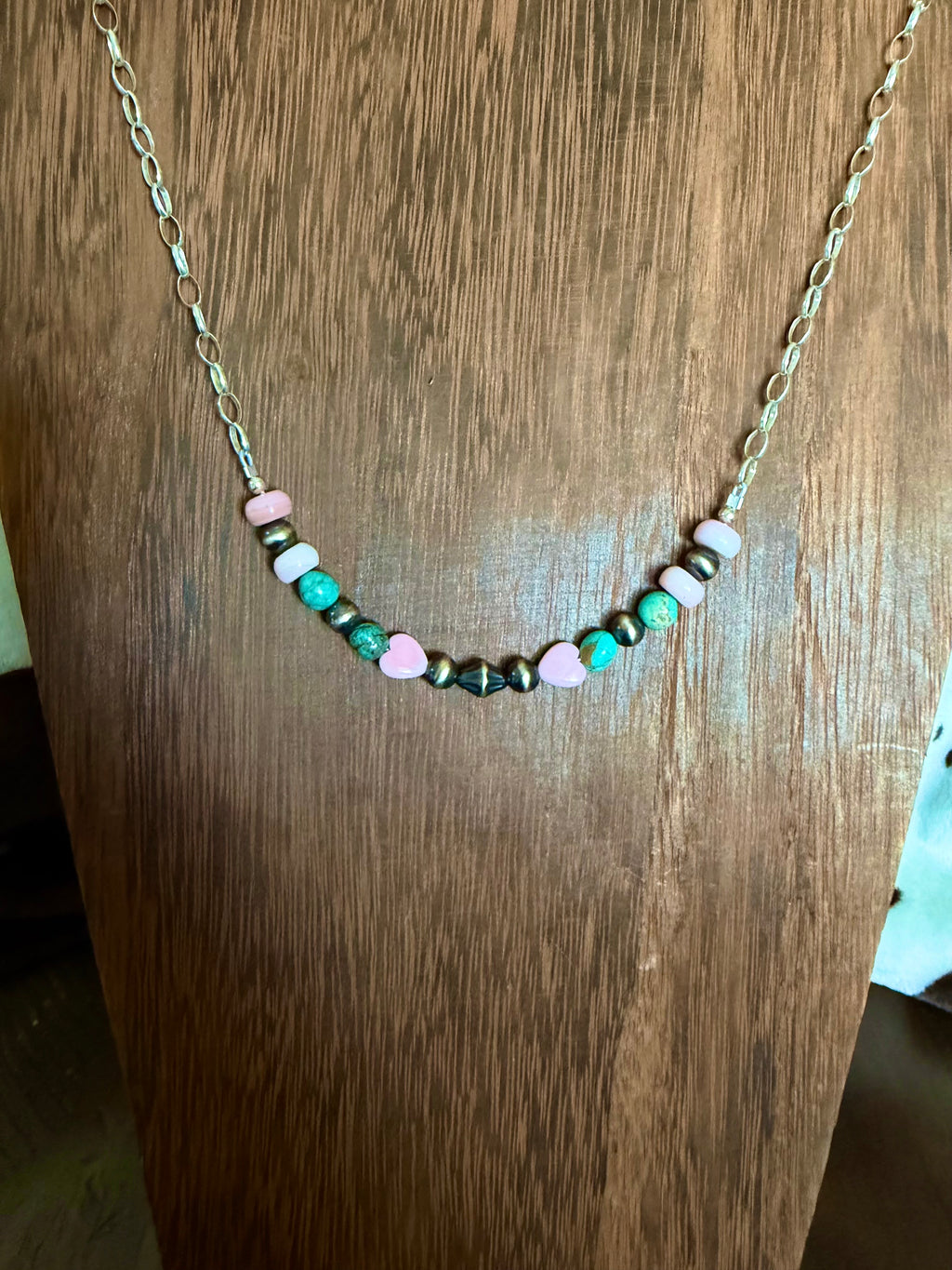 Pink Hearts with Turquoise Sterling Silver Chain Necklace