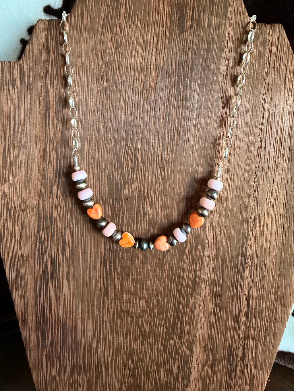 Orange Spiny Hearts with Pink Conch sterling Silver Chain Necklace
