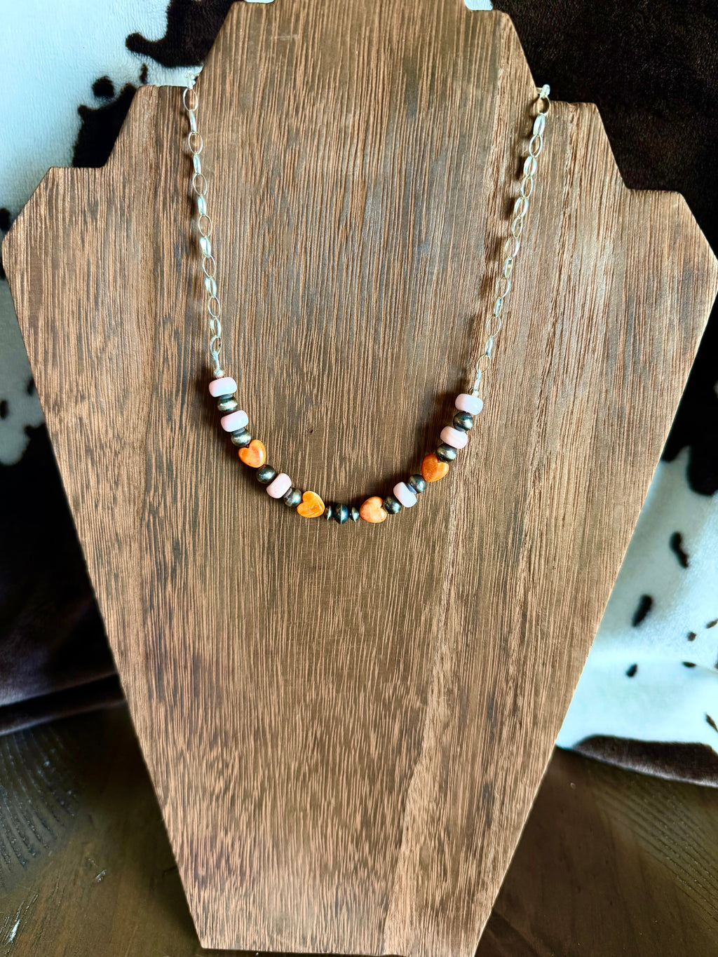 Orange Spiny Hearts with Pink Conch sterling Silver Chain Necklace