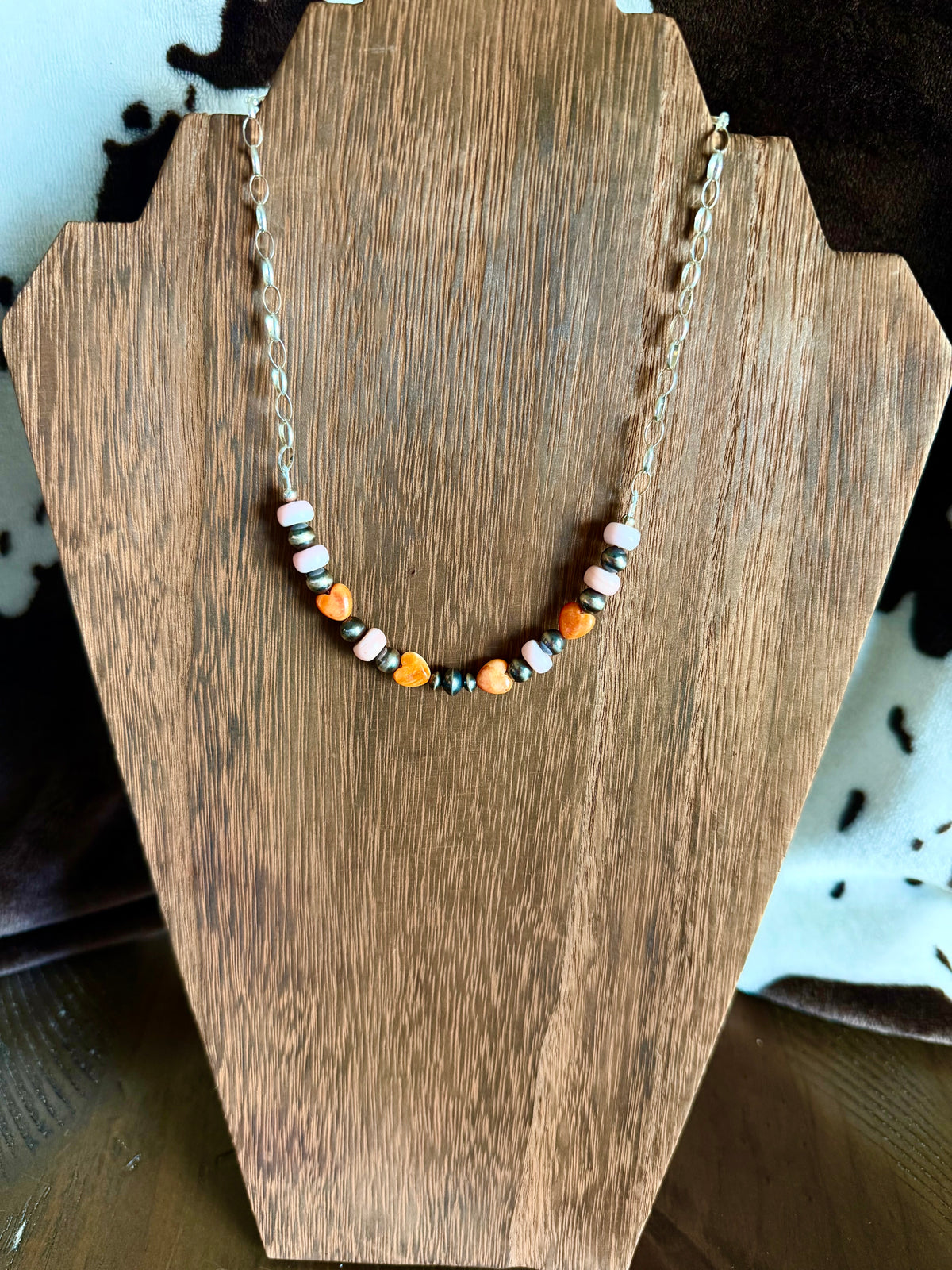 Orange Spiny Hearts with Pink Conch sterling Silver Chain Necklace