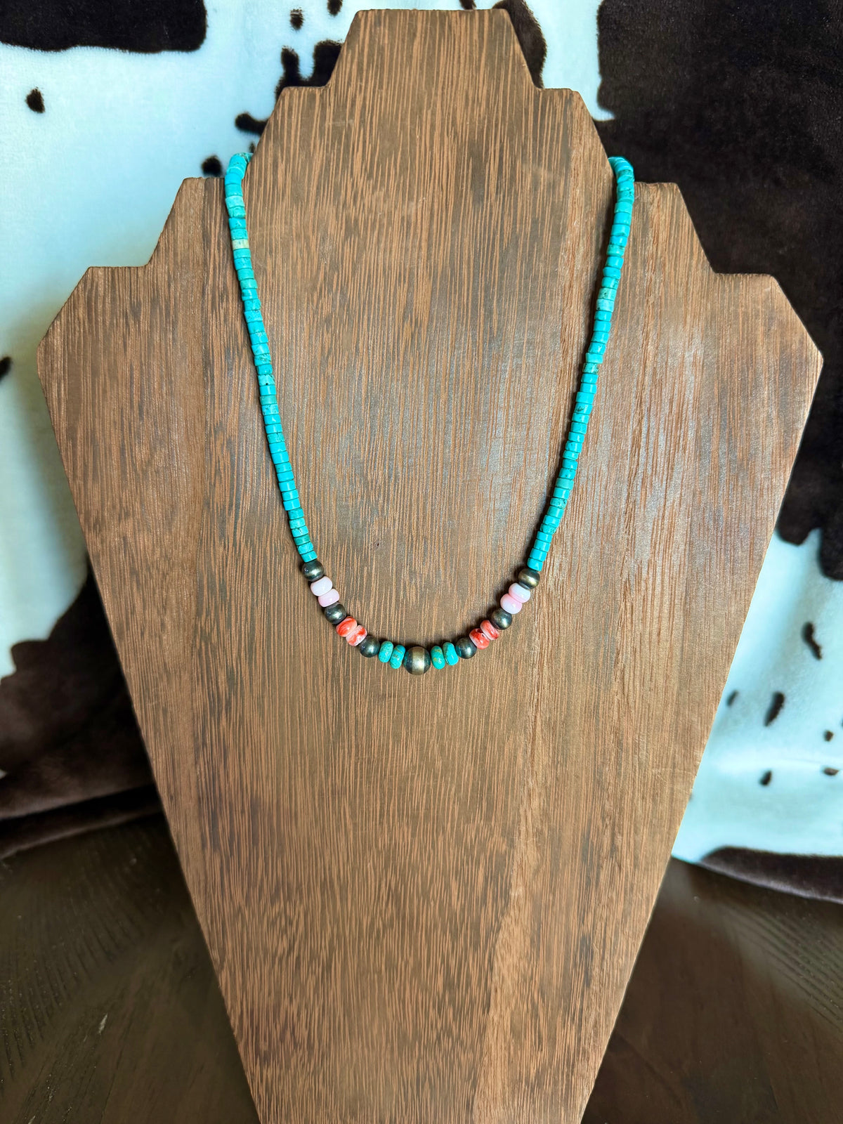 Blue Heishi, Pink Conch, Red Spiny, and Turquoise Stacker Necklace