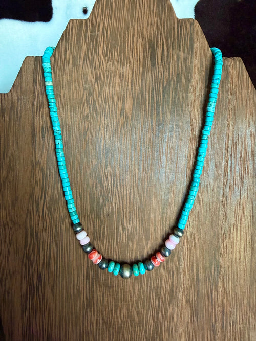 Blue Heishi, Pink Conch, Red Spiny, and Turquoise Stacker Necklace