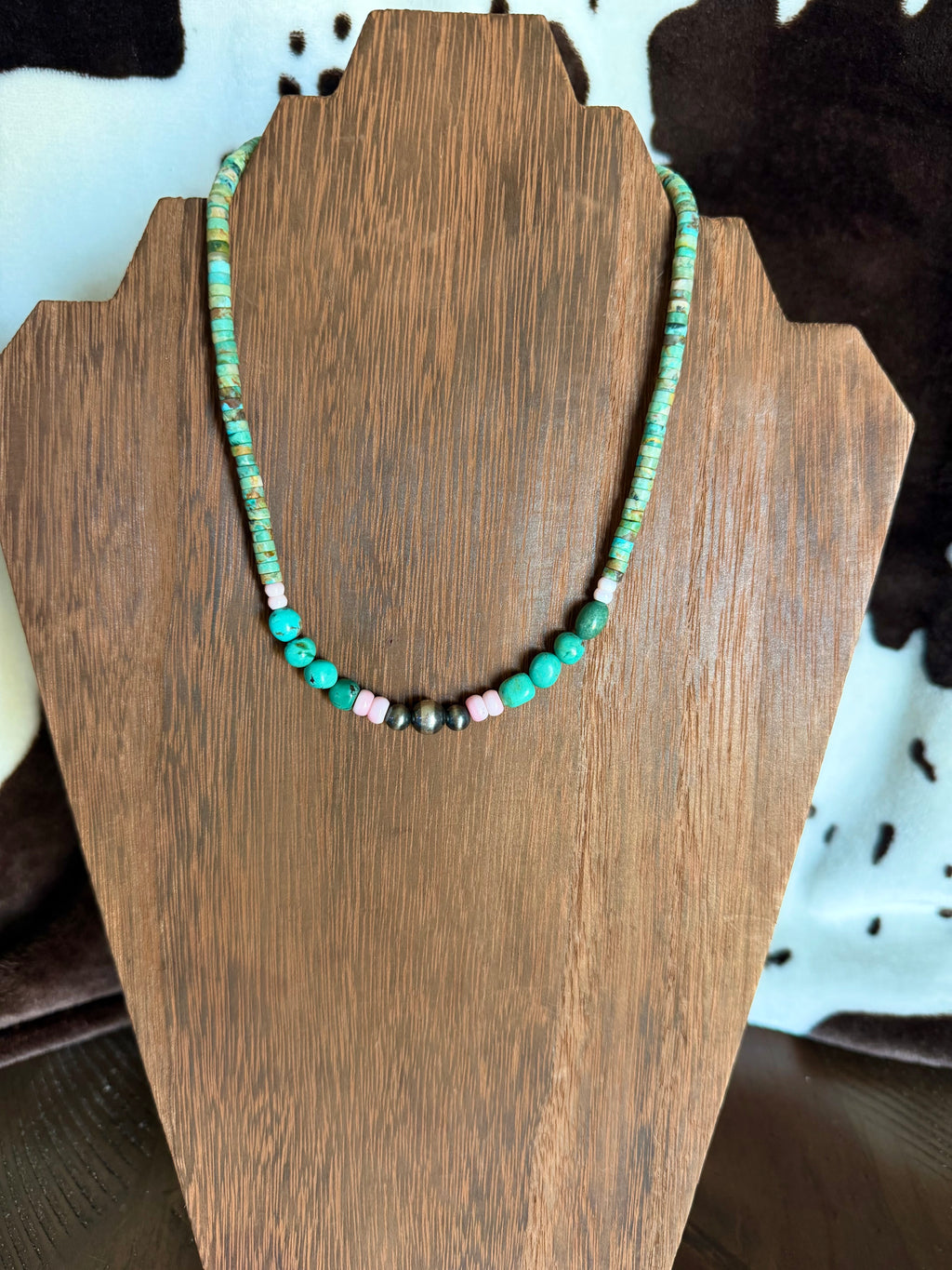 Green Heishi, Nugget Turquoise, and Pink Conch Stacker Necklace