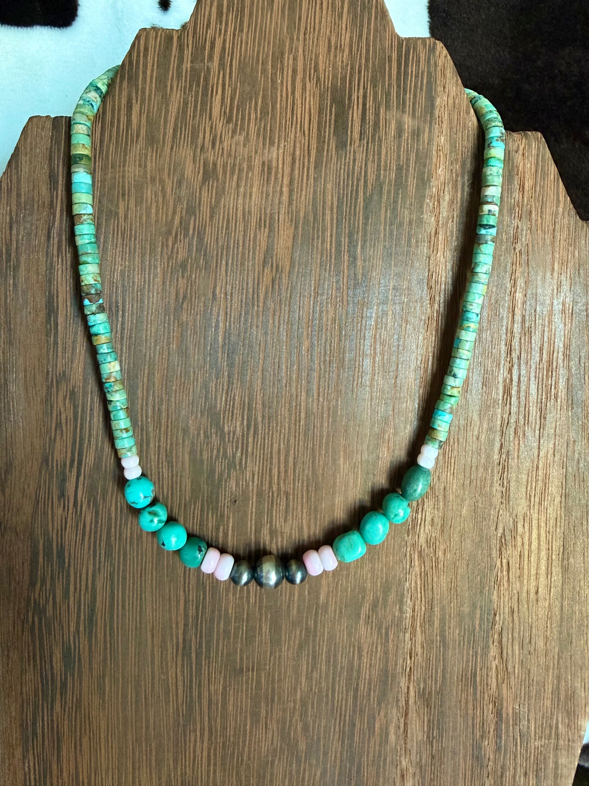 Green Heishi, Nugget Turquoise, and Pink Conch Stacker Necklace