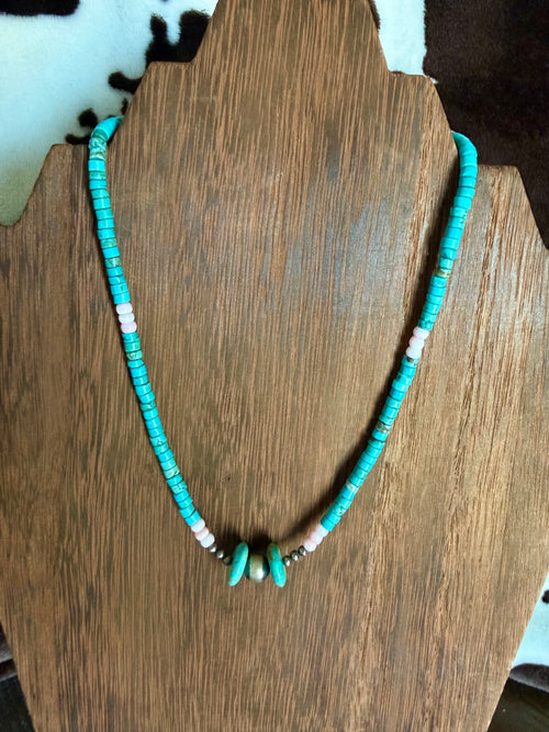 Blue Heishi &  Pink Conch Stacker Necklace